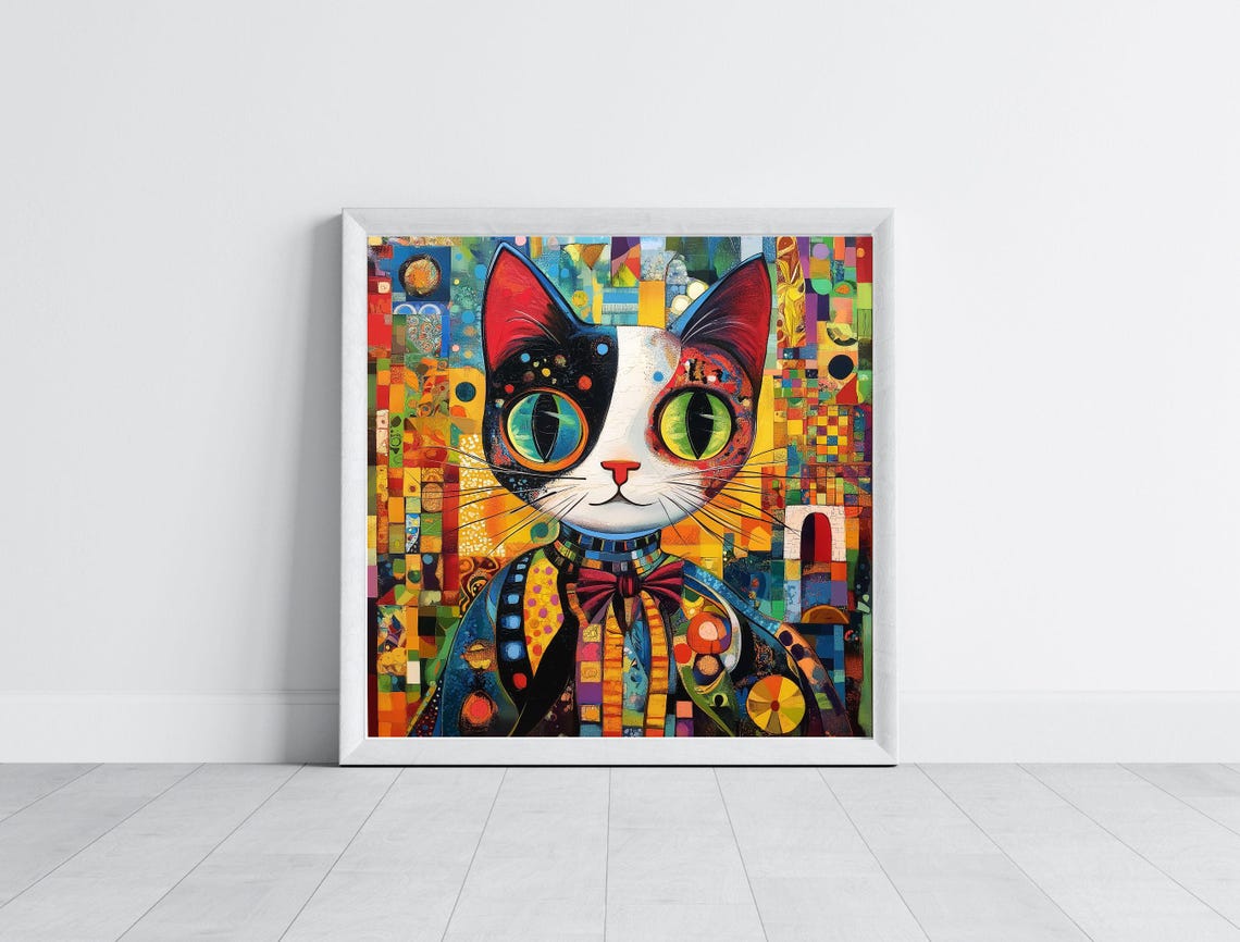 Colorful Mosaic Cat Bow Tie Patchwork Folk Art Cat Lovers Poster - Image 6