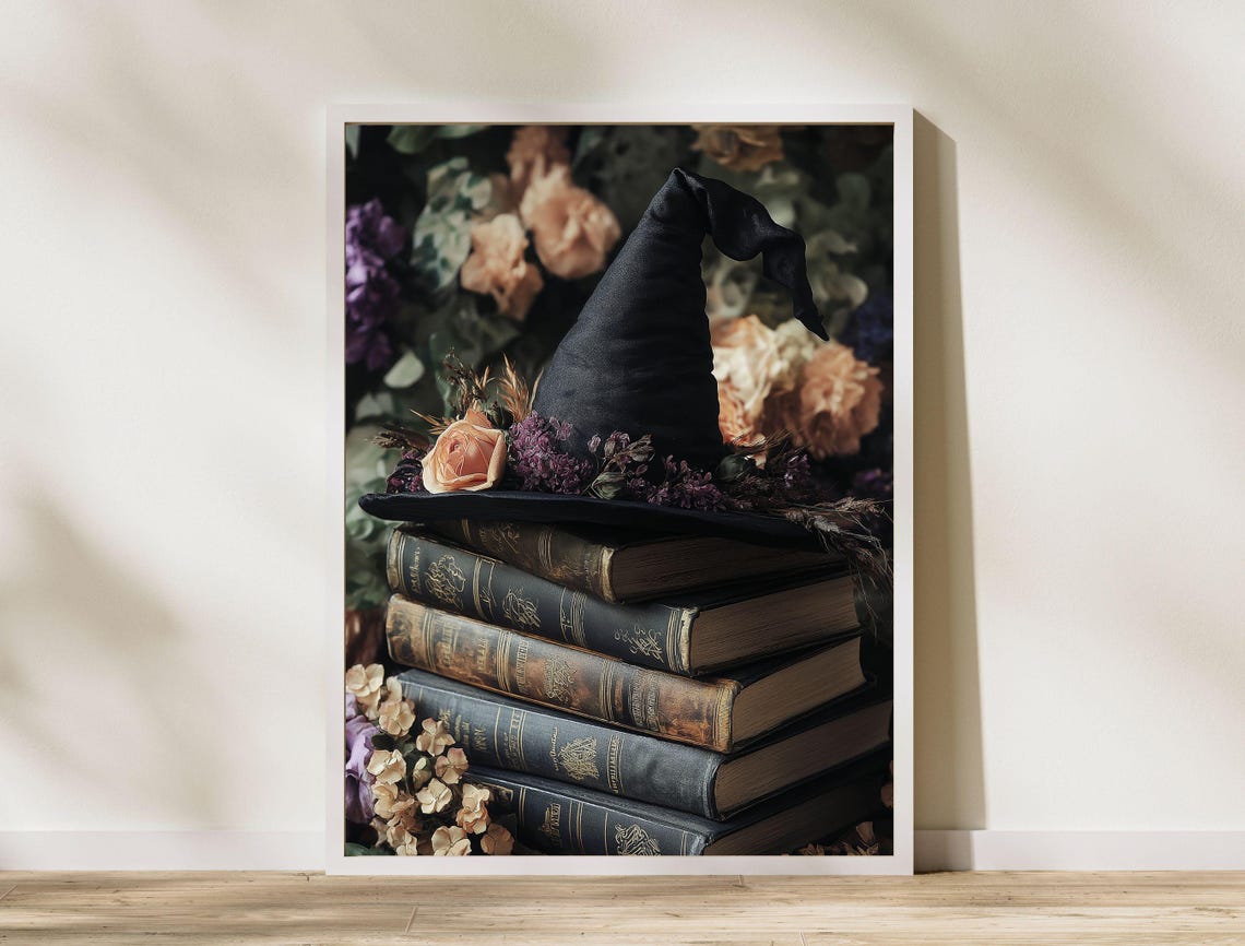 Witch Hat with Flowers on Antique Books Dark Academia Poster - Image 7