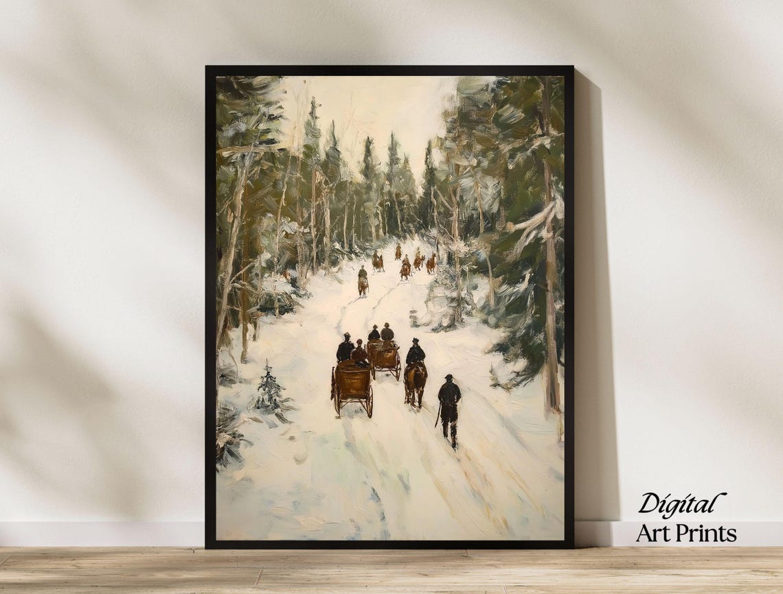 Vintage Nordic Snowy Forest Sleigh Caravan Winter Landscape Poster