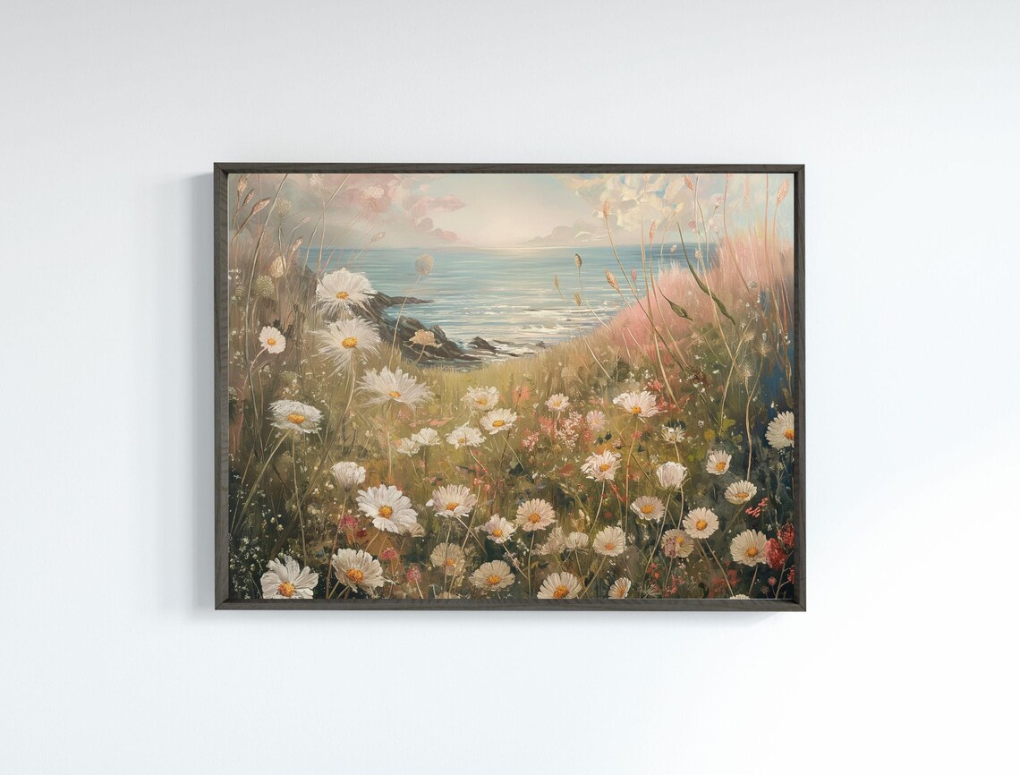 White Daisies Coastal Cliff Sea View Vintage Floral Art Poster - Image 7