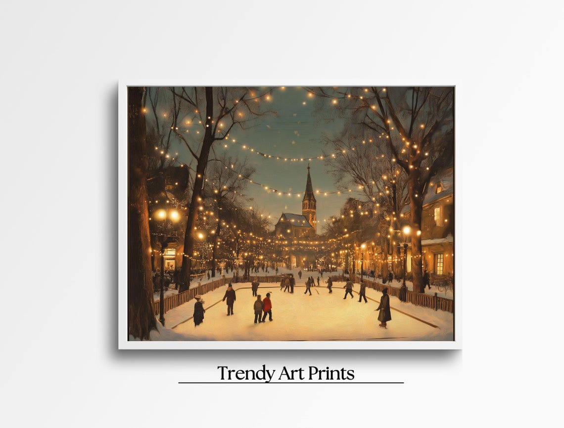 Winter Ice Skating Pond String Lights Church Vintage Art Print - Image 6