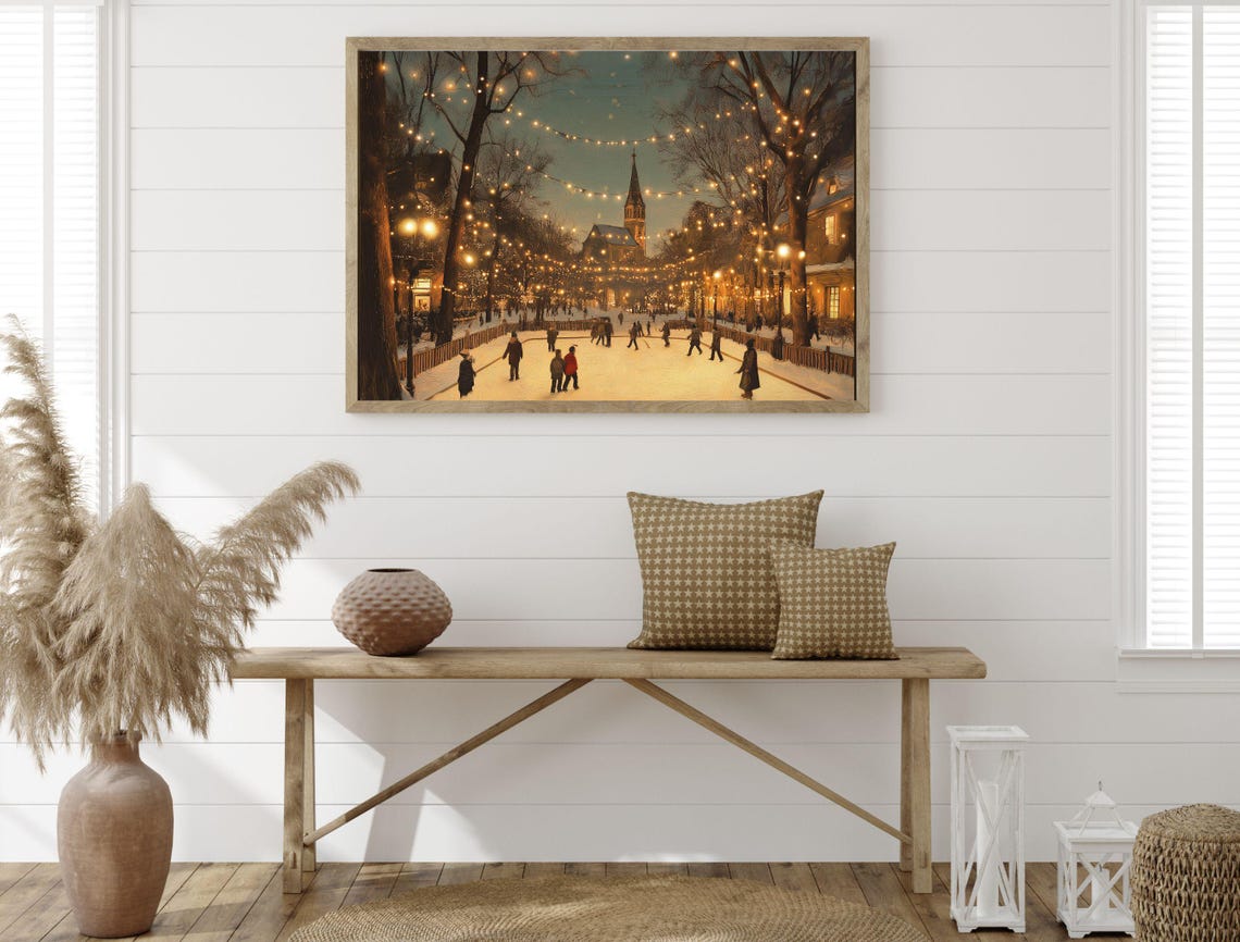 Winter Ice Skating Pond String Lights Church Vintage Art Print - Image 5