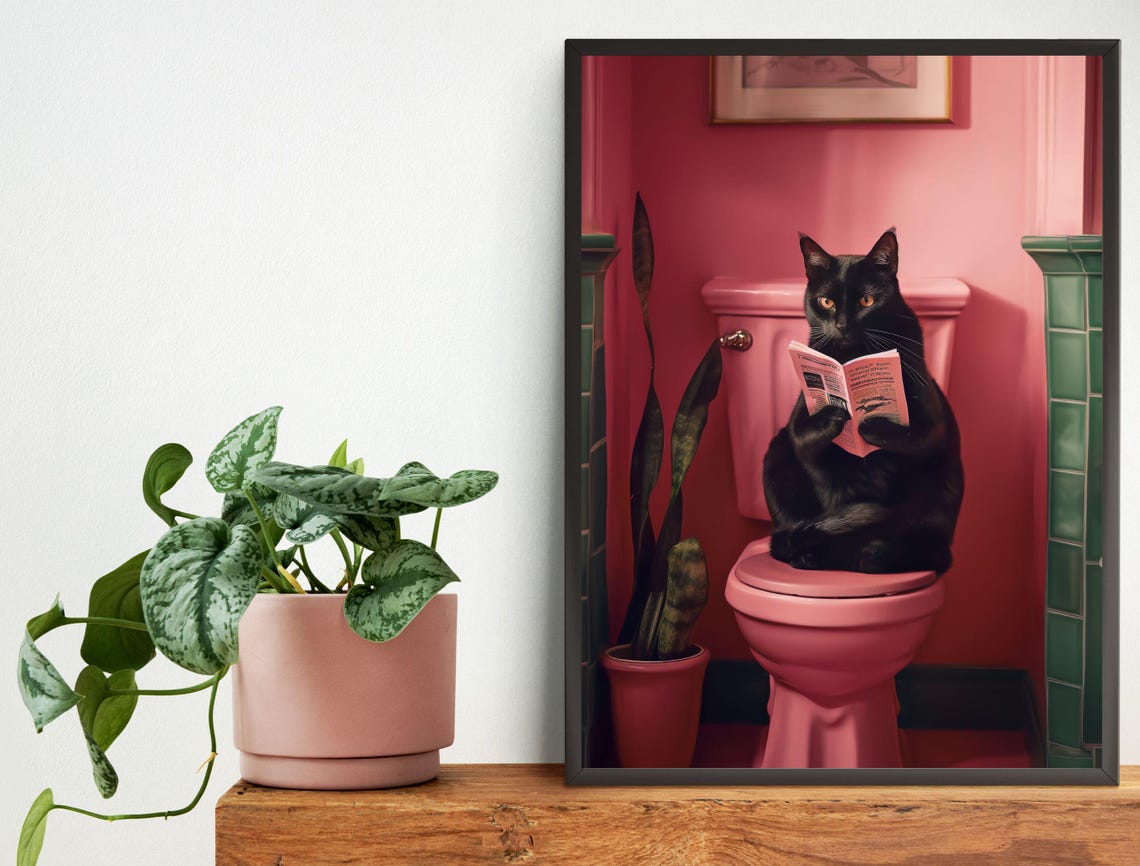 Black Cat Reading a Newspaper on a Retro Pink Toilet Funny Poster - Image 5