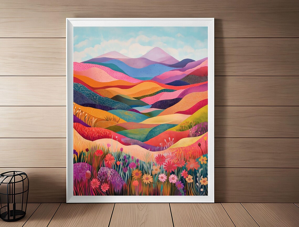 Vivid Colorful Layered Mountain Hills Wildflower Meadow Art Print - Image 3