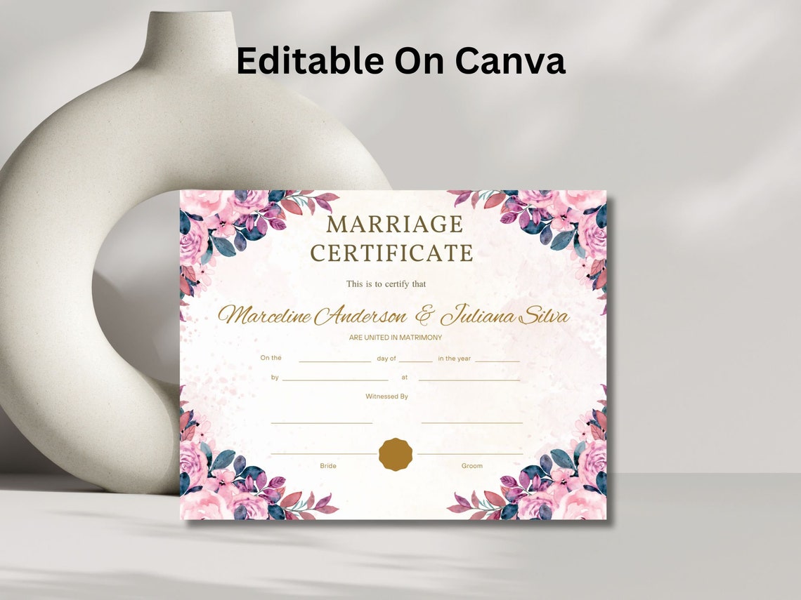 Editable Marriage Certificate Template Watercolor Floral Canva Print - Image 7
