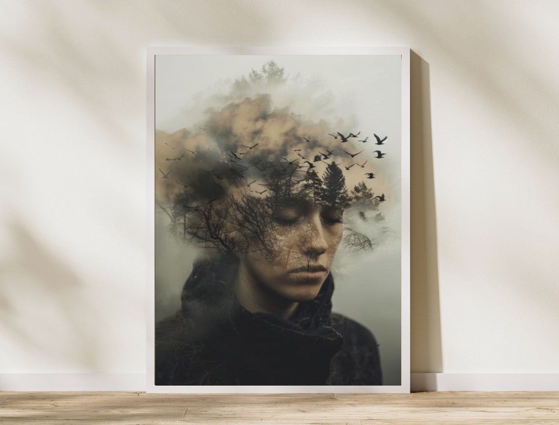 Double Exposure Woman Forest Birds Misty Surreal Artistic Wall Art - Image 2