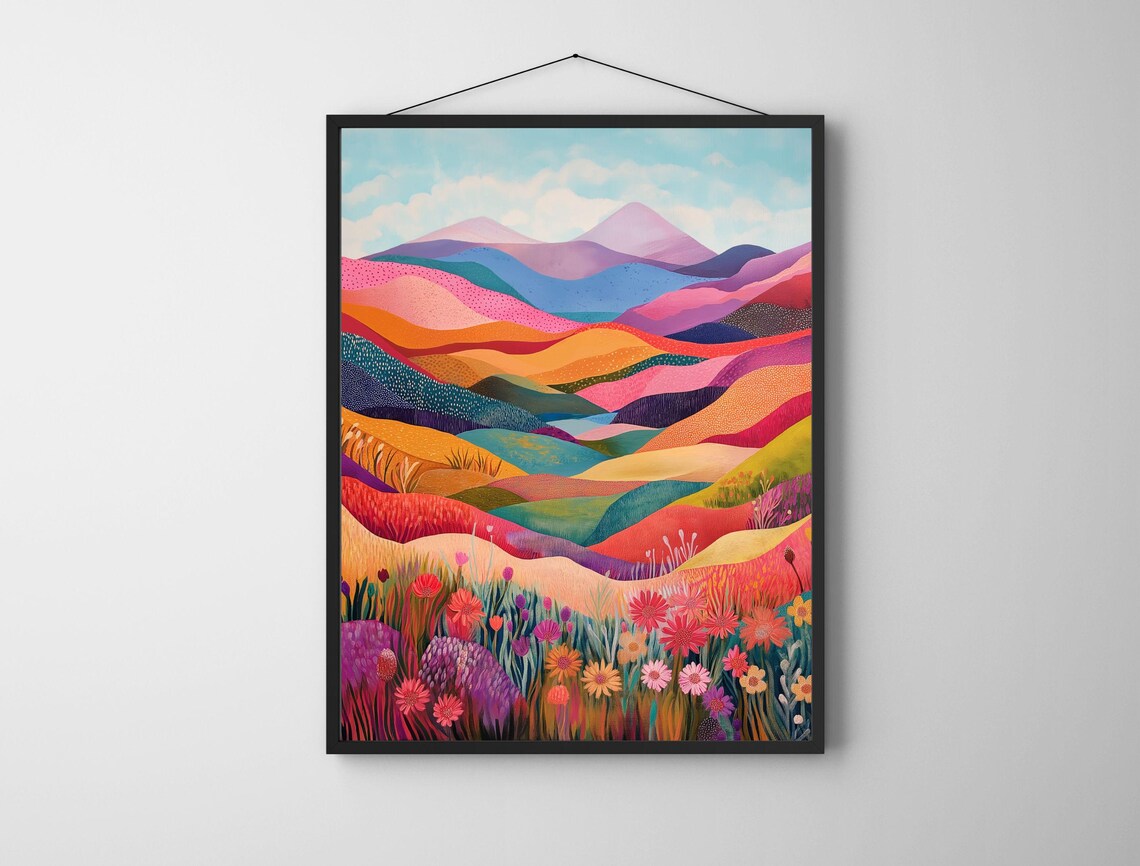 Vivid Colorful Layered Mountain Hills Wildflower Meadow Art Print - Image 6