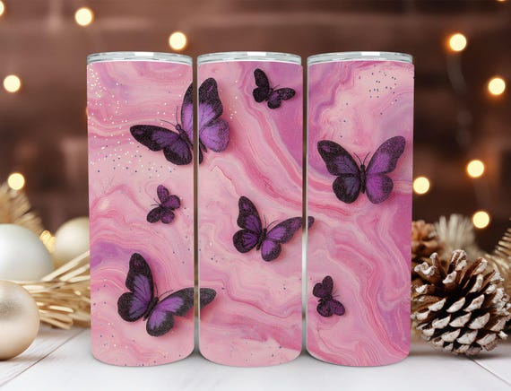 Butterflies Floral Purple 20oz Skinny Seamless Tumbler Wrap Png Sublimation Tumbler Template