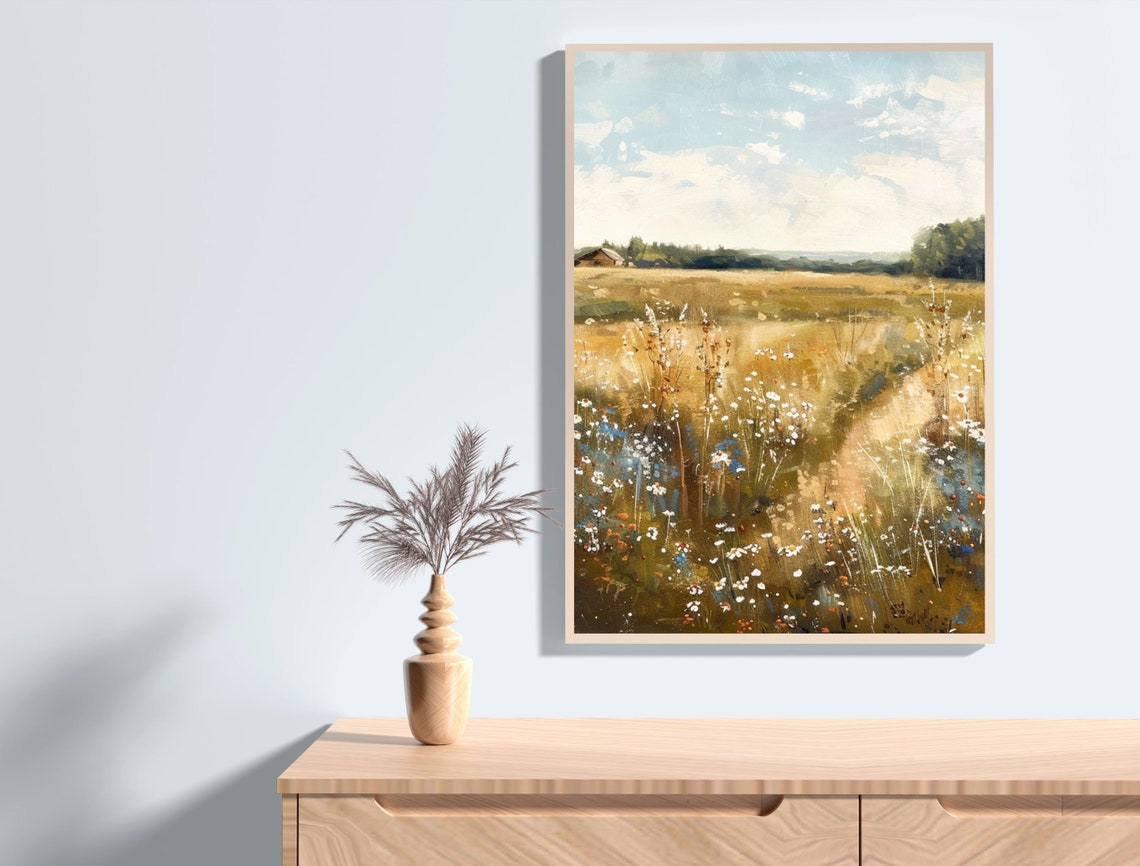 Wildflower Field Landscape Oil Painting Vintage Farm House Art Country Field Landscape Oil Painting - Image 4