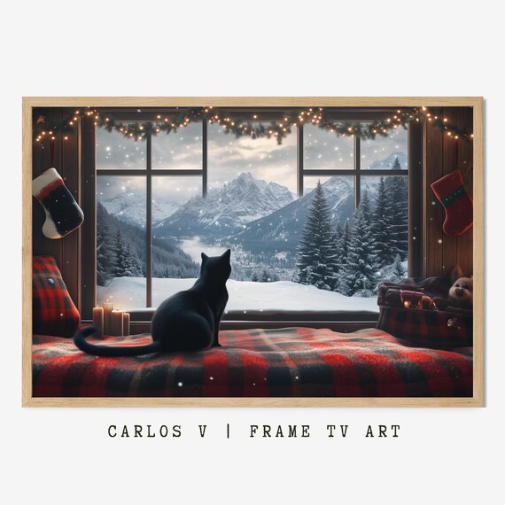 Black Cat Cozy Cabin Window Snowy Mountain Winter Illustration Poster