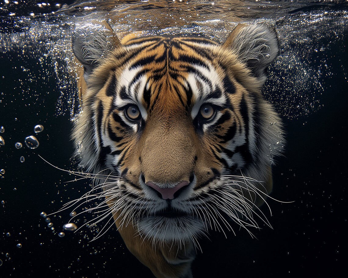 Tiger Swimming Underwater Face Close Up Wildlife Photography Art Poster - Image 2