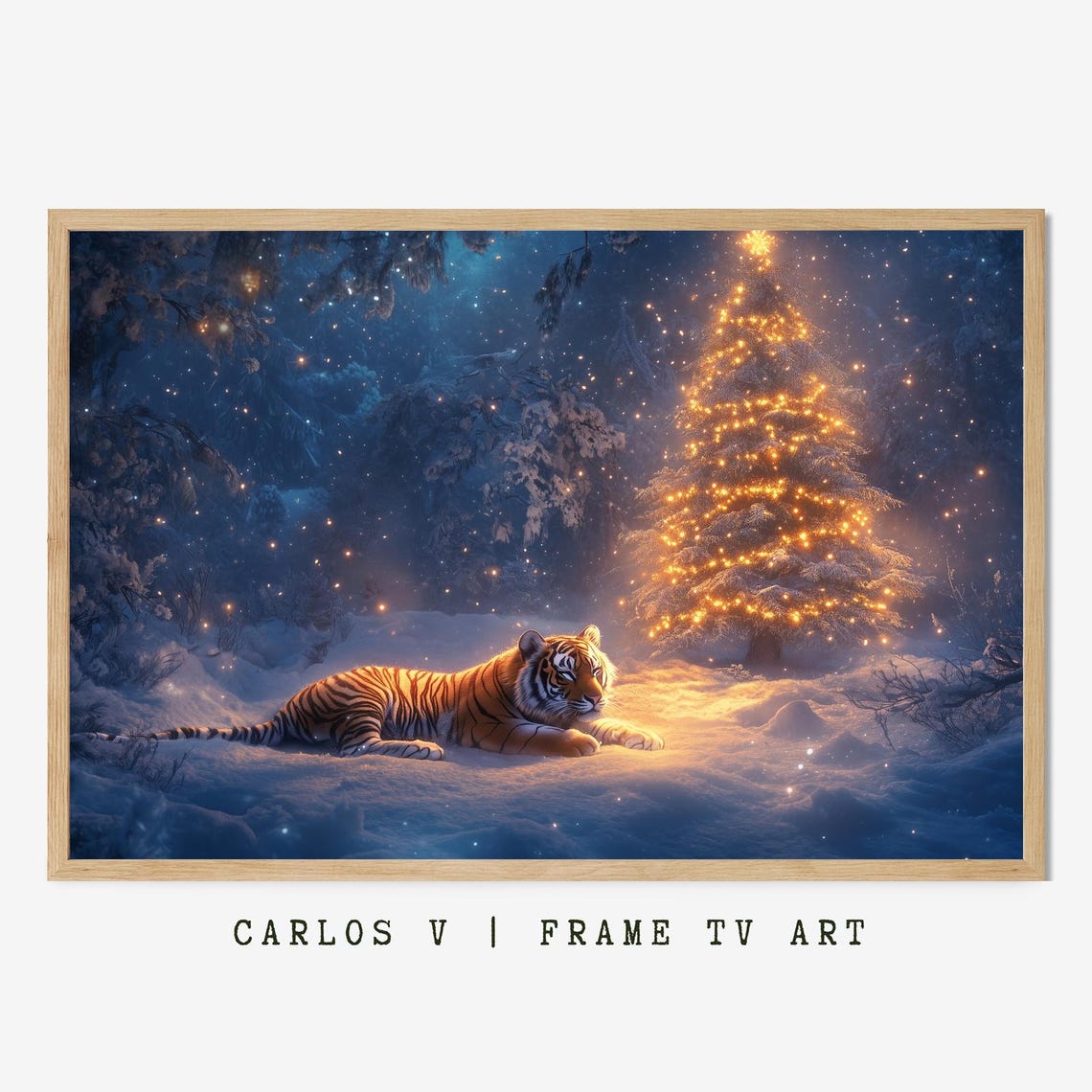 Tiger Resting in Snow Beside Glowing Christmas Tree Night Poster