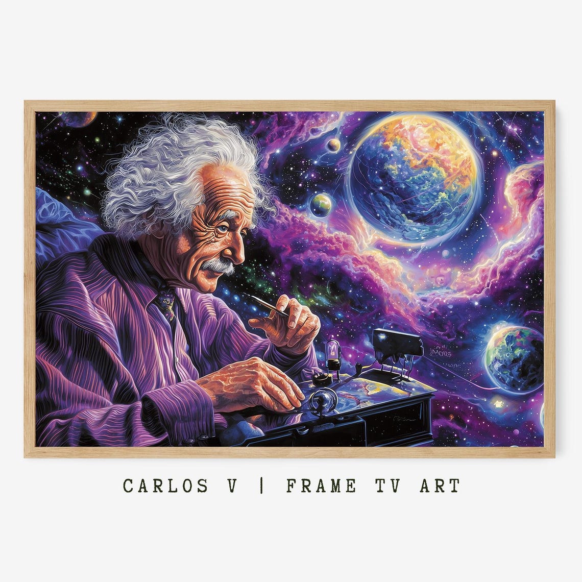 Albert Einstein Writing At Desk Cosmic Space Planets Portrait Poster