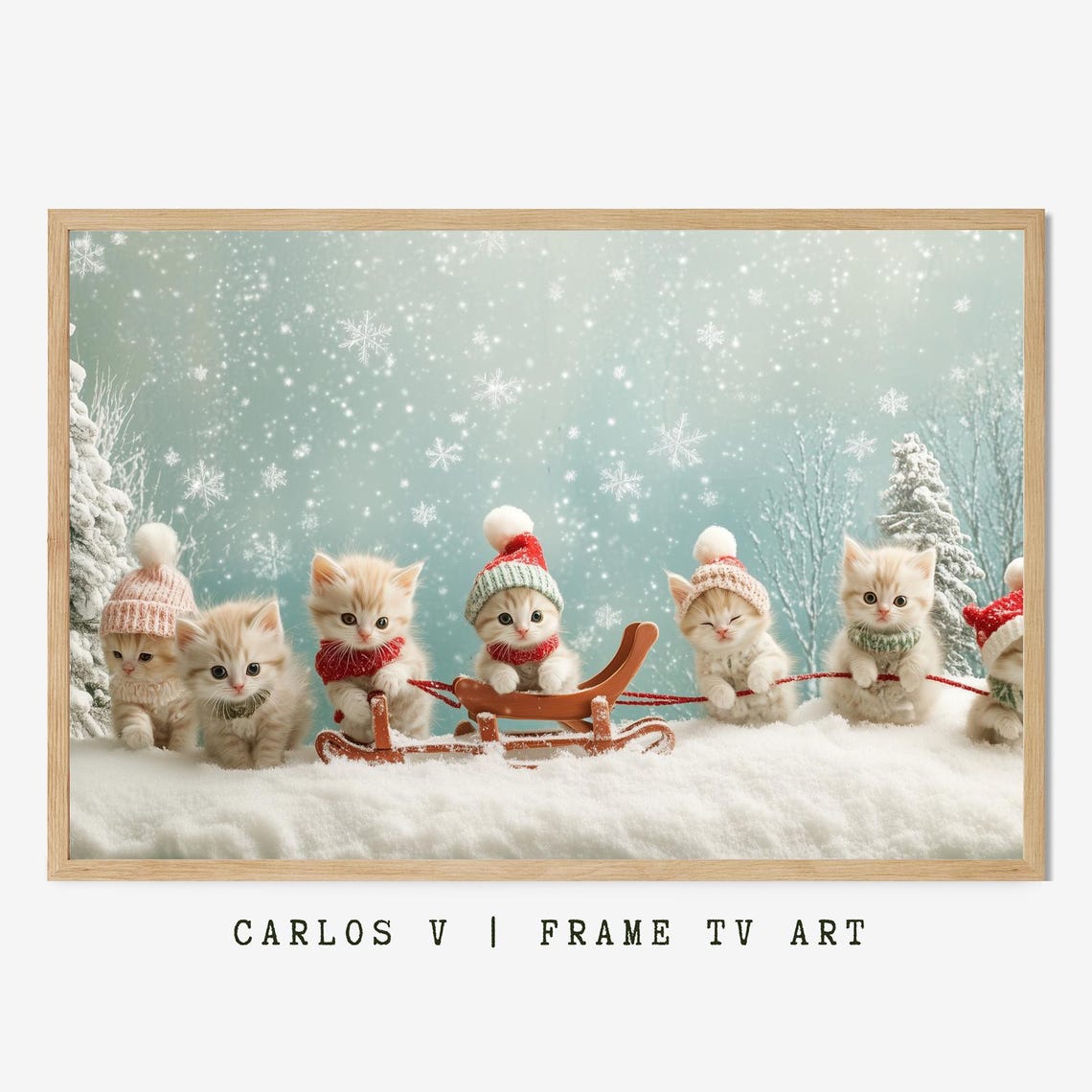 Seven Tiny Kittens In Knit Hats Pulling A Sled In The Snow Poster