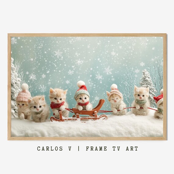Seven Tiny Kittens In Knit Hats Pulling A Sled In The Snow Poster
