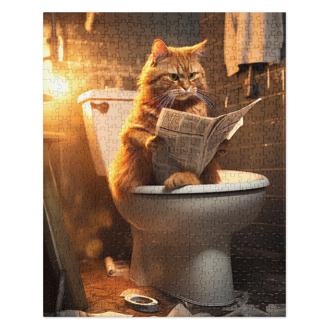 Funny Cat Reading Newspaper on Toilet Jigsaw Puzzle Art Poster