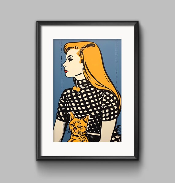 Retro Pop Art Blonde Woman Holding an Orange Cat Portrait Poster