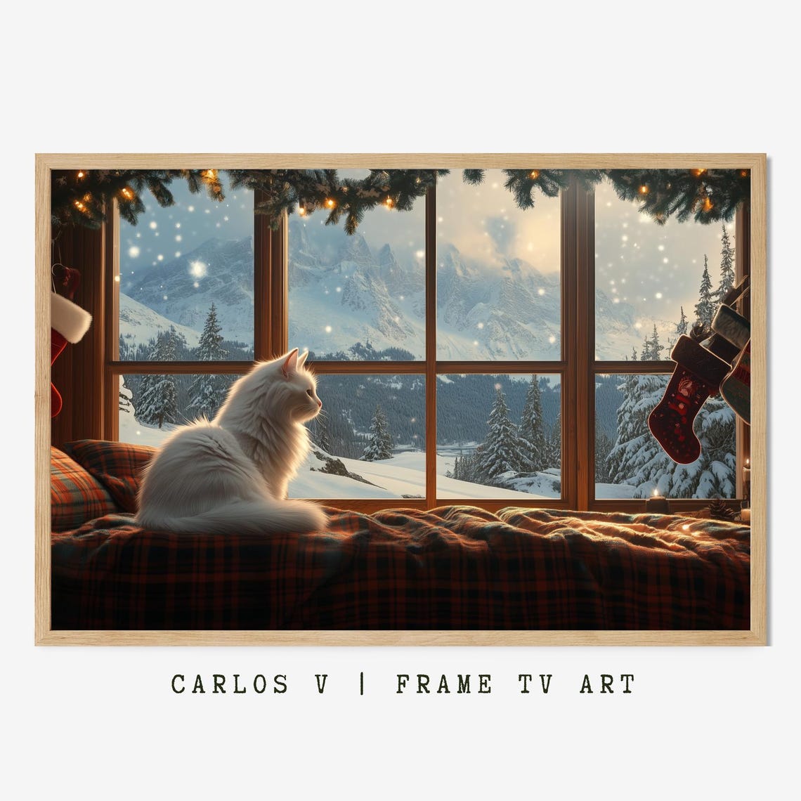 White Cat Watching Snowy Mountains from Cozy Cabin Window Poster