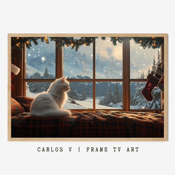 White Cat Watching Snowy Mountains from Cozy Cabin Window Poster