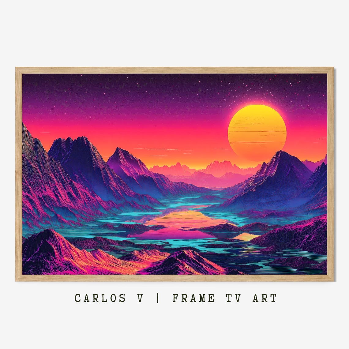 Retro Sunset Mountains Starry Night Synthwave Landscape Poster