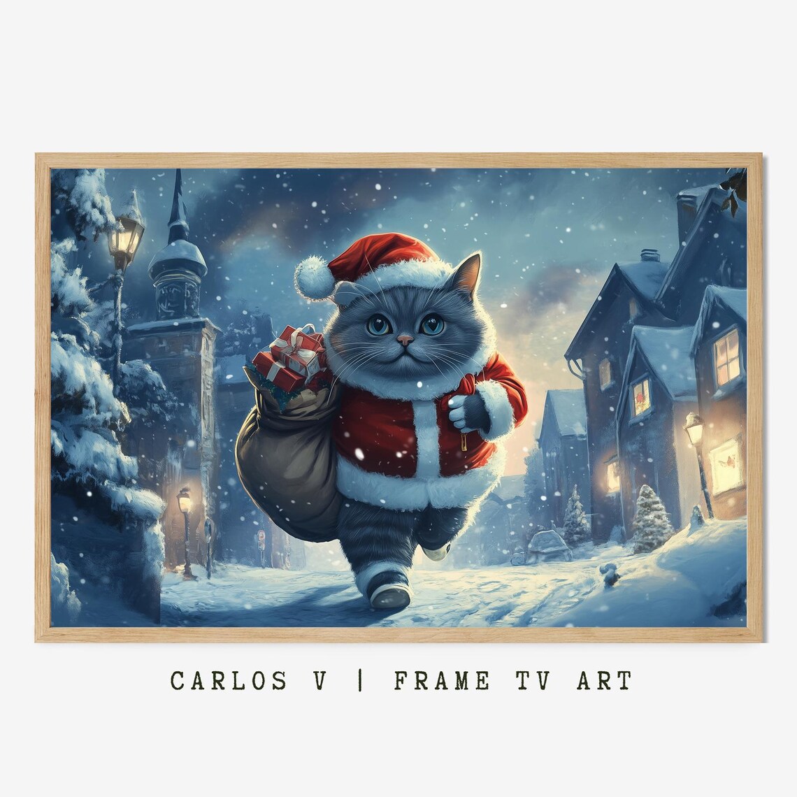 Jolly Santa Cat Running Through Snow With A Sack Of Gifts Poster