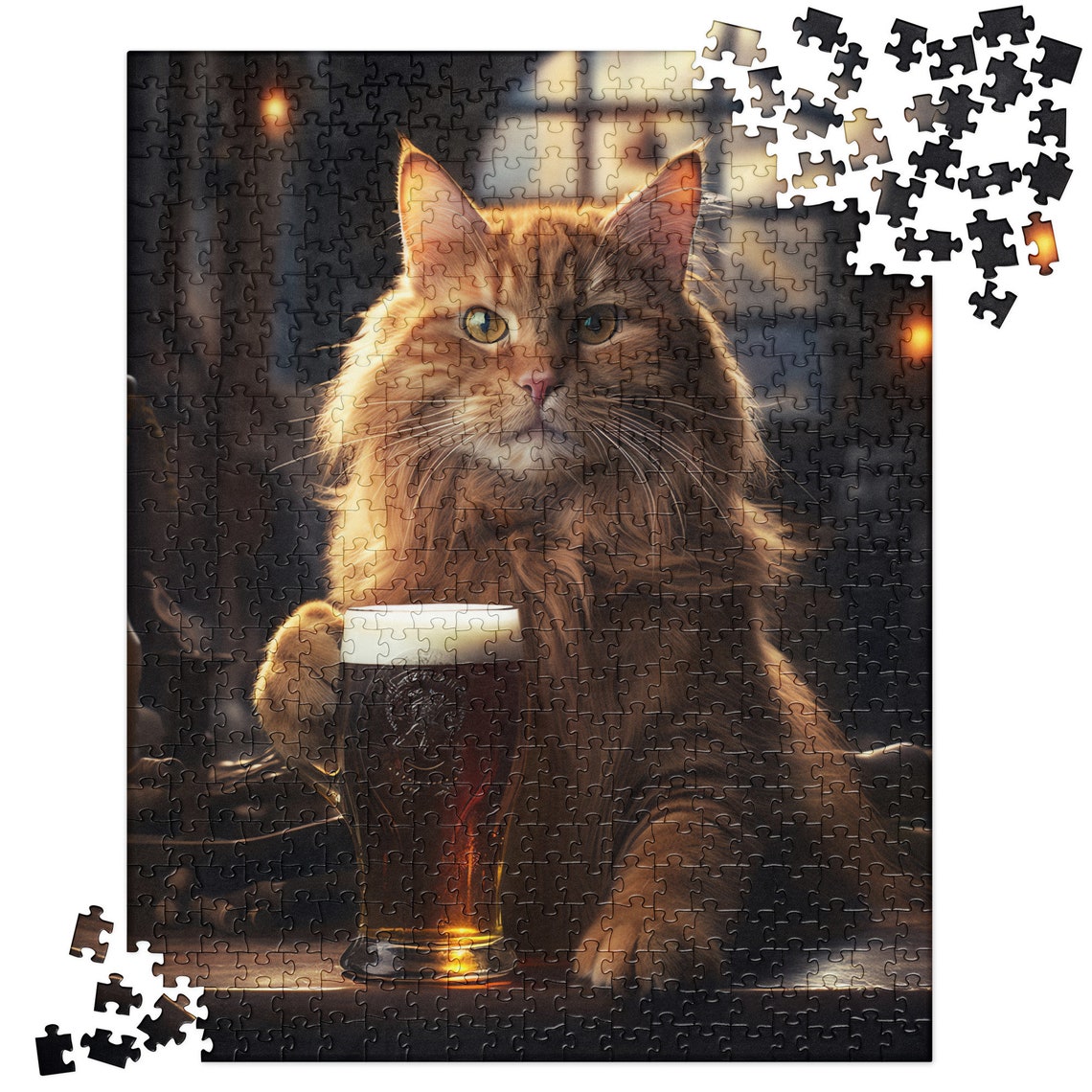 Fluffy Orange Cat With Beer Pint Jigsaw Puzzle Style Art Poster