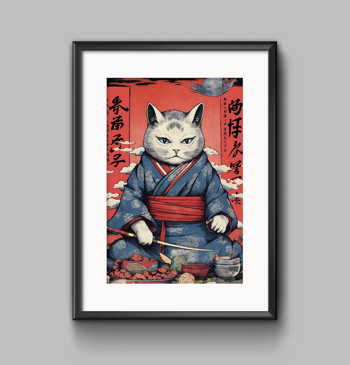 Cat in Blue Kimono in a Traditional Japanese Woodblock Style Poster - Image 2