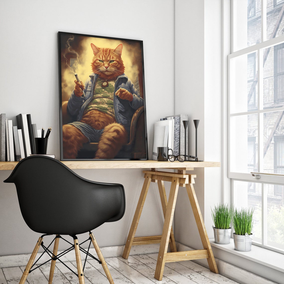 Chubby Ginger Cat Smoking Cigar Denim Jacket Funny Cat Portrait Poster