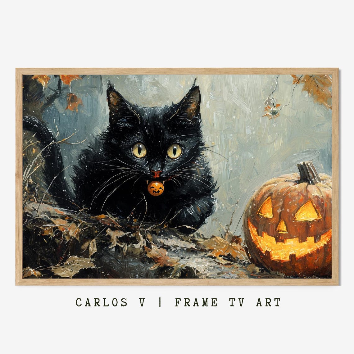 Black Cat with Pumpkin Pendant Beside Jack O Lantern Art Poster