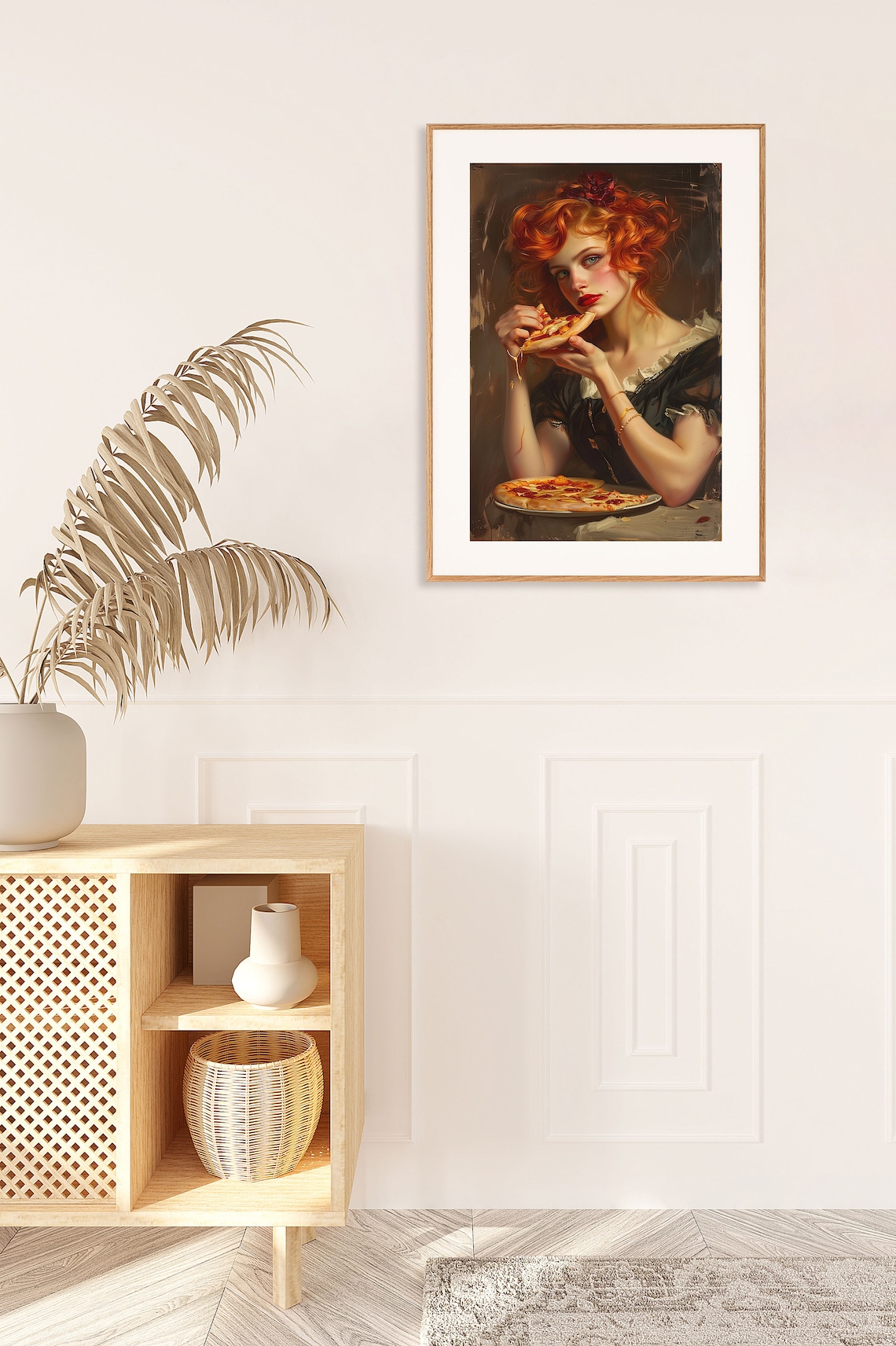 Fiery Redhead Woman Savoring a Cheesy Pizza Slice Portrait Poster - Image 2