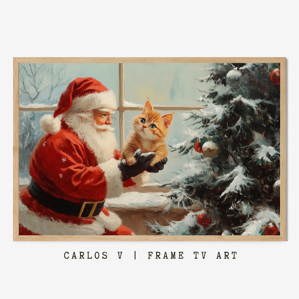 Vintage Santa Claus Holding Orange Kitten by Christmas Tree Poster