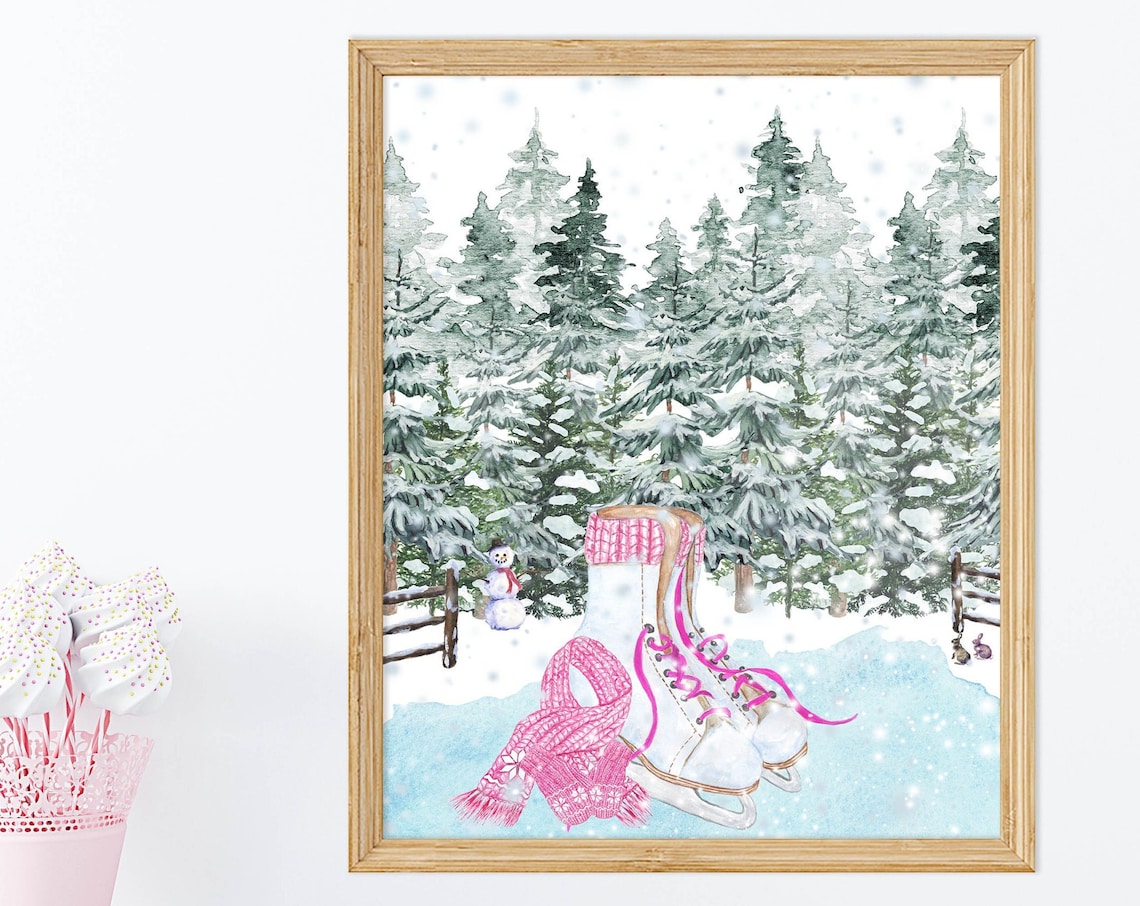 White Ice Skates Pink Scarf Frozen Pond Snowy Pines Winter Watercolor Poster