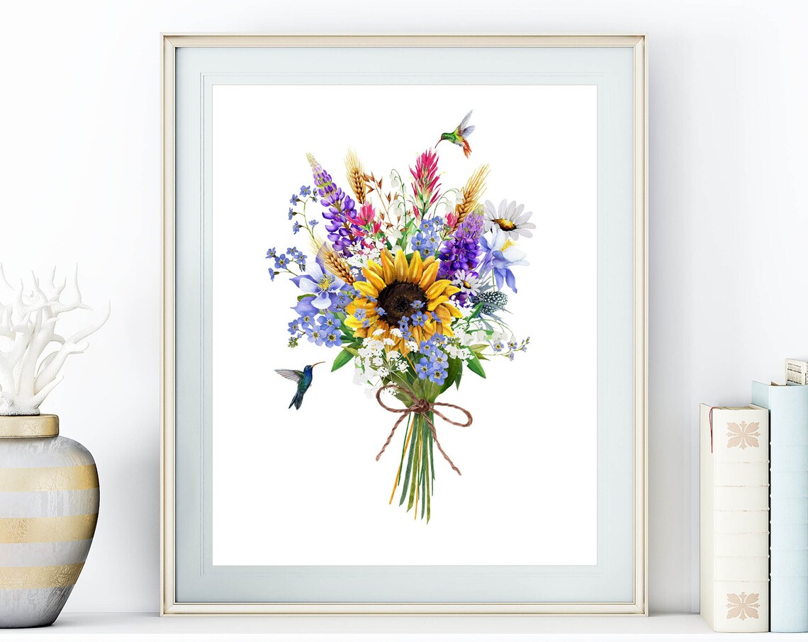 Wildflower Bouquet Sunflower Hummingbird Watercolor Floral Poster