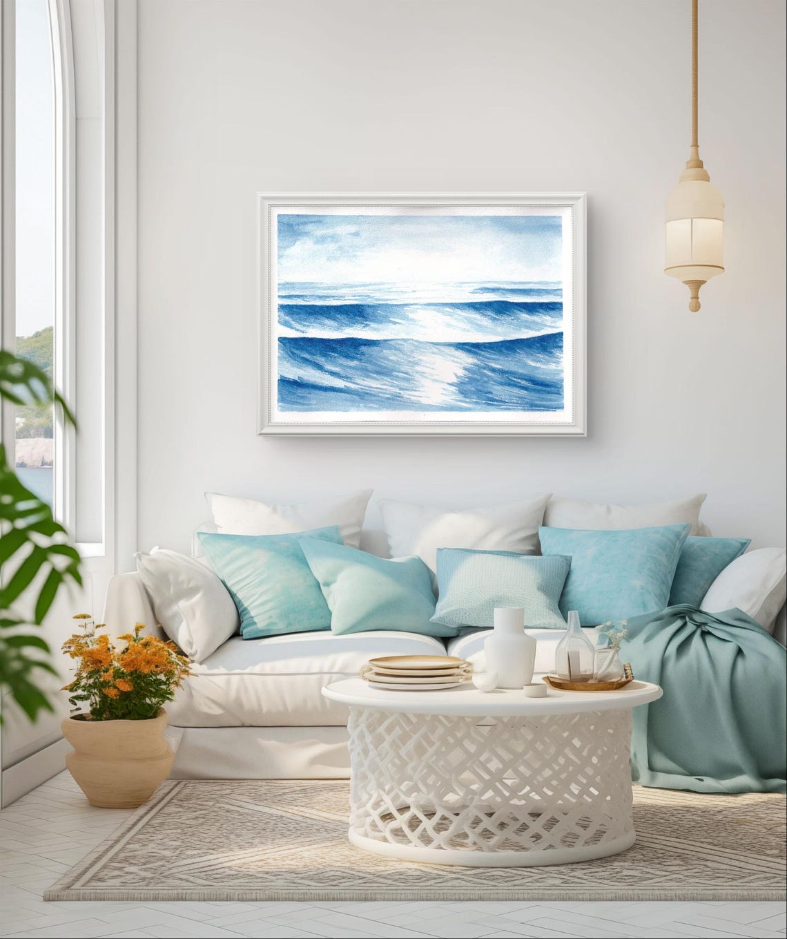 Ocean Watercolor Beach Waves Art Print