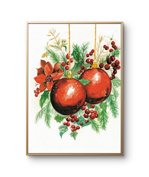 Christmas Watercolor Ornaments, Vintage Art Print