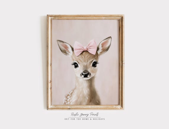 Pink Bow Reindeer Art Print Vintage Cute Reindeer Winter Wall Art Christmas Holiday Decor