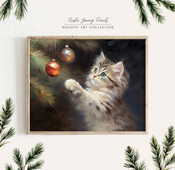 Cute Kitten Oil Painting Art Print Vintage Print Wall Art Christmas Holiday Decor Ornament Tree