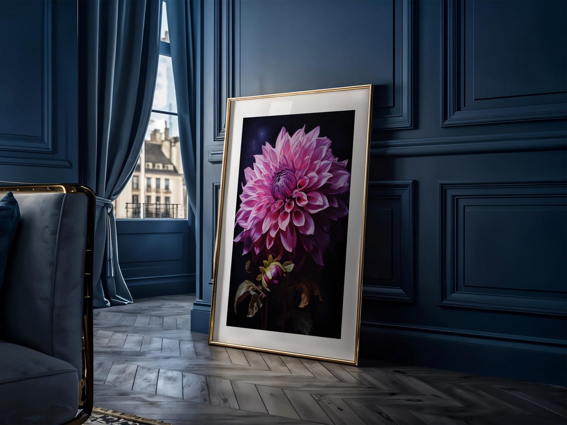 Purple Dahlia Flower Close Up Dark Moody Botanical Study Print - Image 4