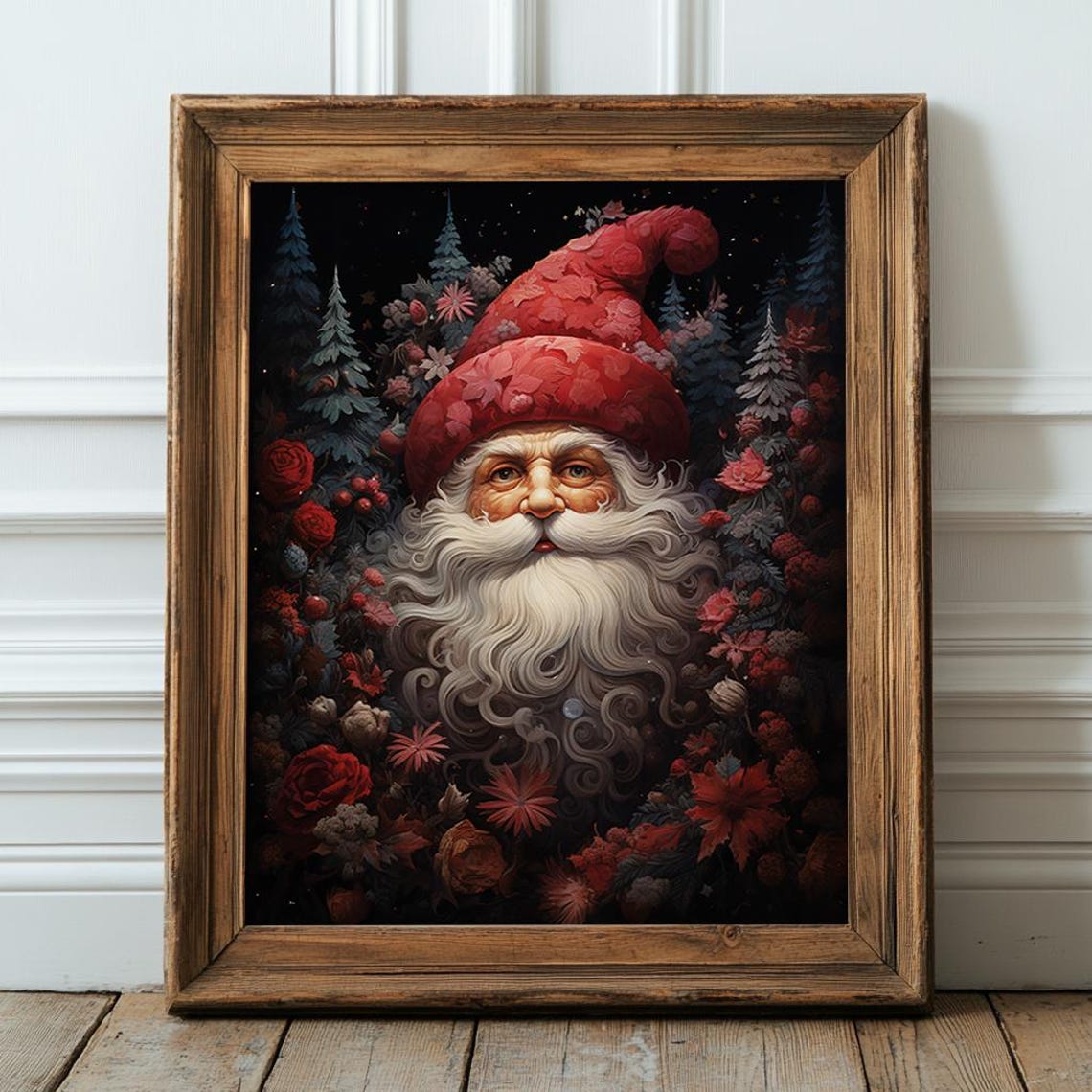 Santa Claus Face In Night Forest Flowers Vintage Christmas Print - Image 2