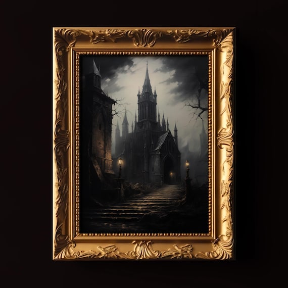 Gothic Haunted Cathedral Night Spooky Stone Steps Halloween Print