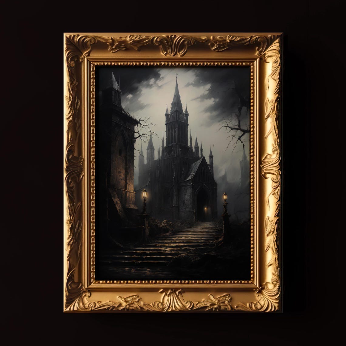 Gothic Haunted Cathedral Night Spooky Stone Steps Halloween Print