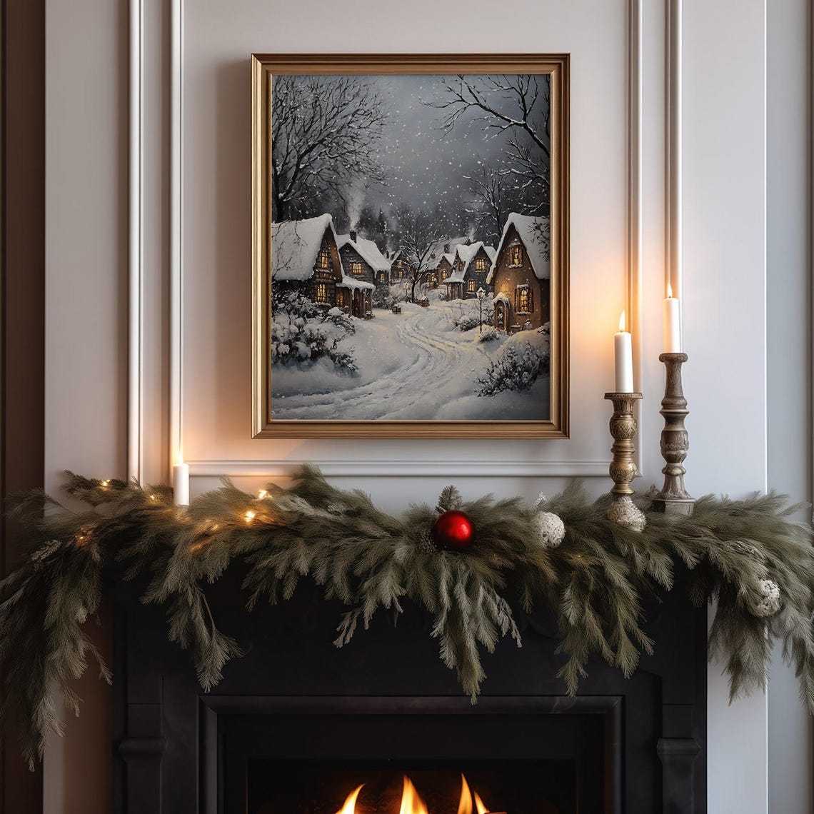 Snowy Village Cottages Glowing Windows Cozy Winter Night Print - Image 3