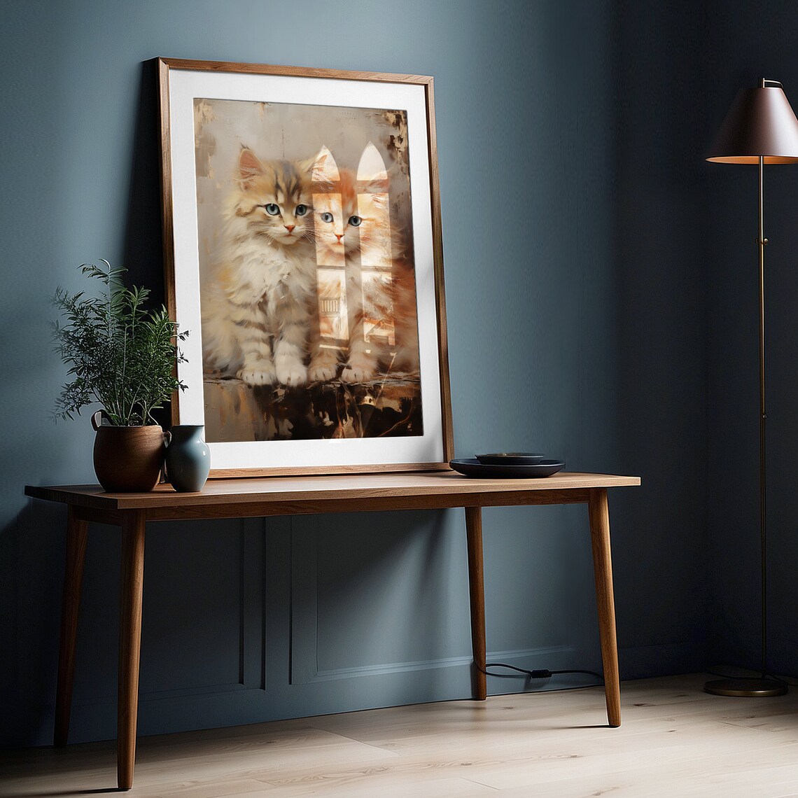Fluffy Kitten Pair With Blue Eyes Vintage Style Animal Art Poster - Image 3