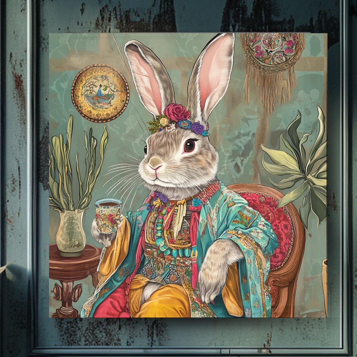 Boho Bunny, Maximalist Whimsical Rabbit Art Print