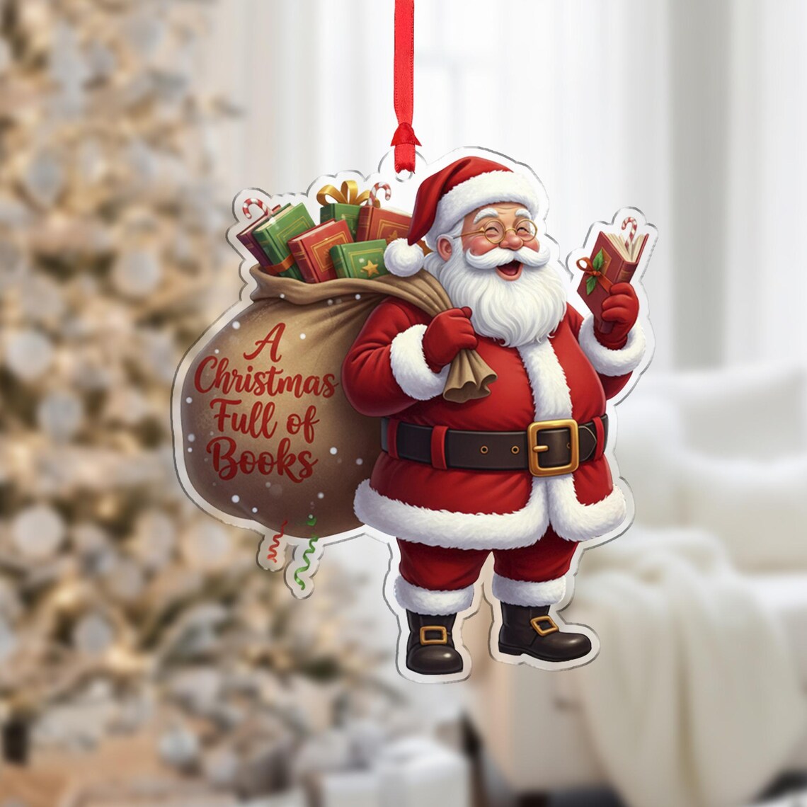 Santa Claus Christmas Full of Books Ornament Gift Sack Reader Holiday Print