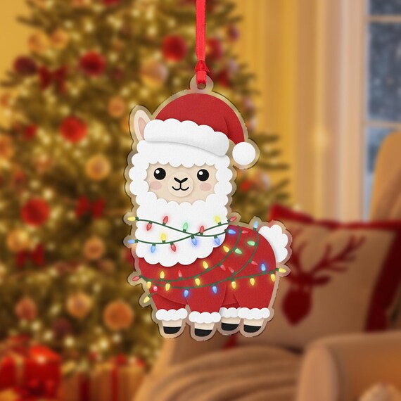 Llama Christmas Ornament Santa Suit Holiday Lights Cute Poster