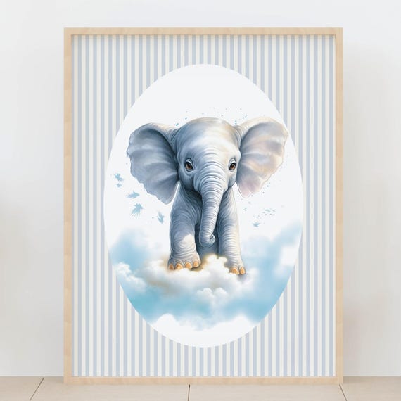 Baby Elephant In Clouds Wall Art Watercolor Safari Animal Nursery Whimsical Kids Room Decor Shower Gift