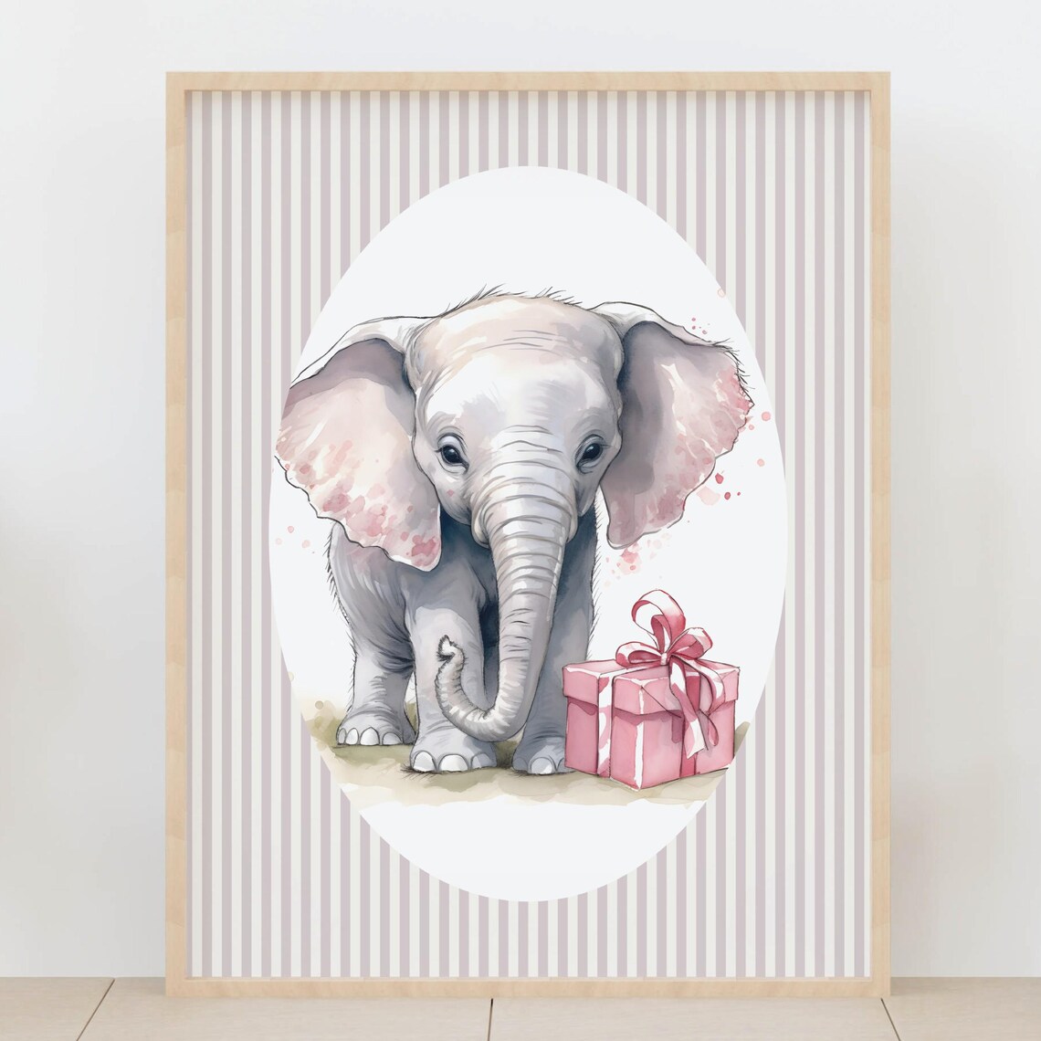 Baby Elephant With Pink Gift Box Sweet Nursery Animal Poster