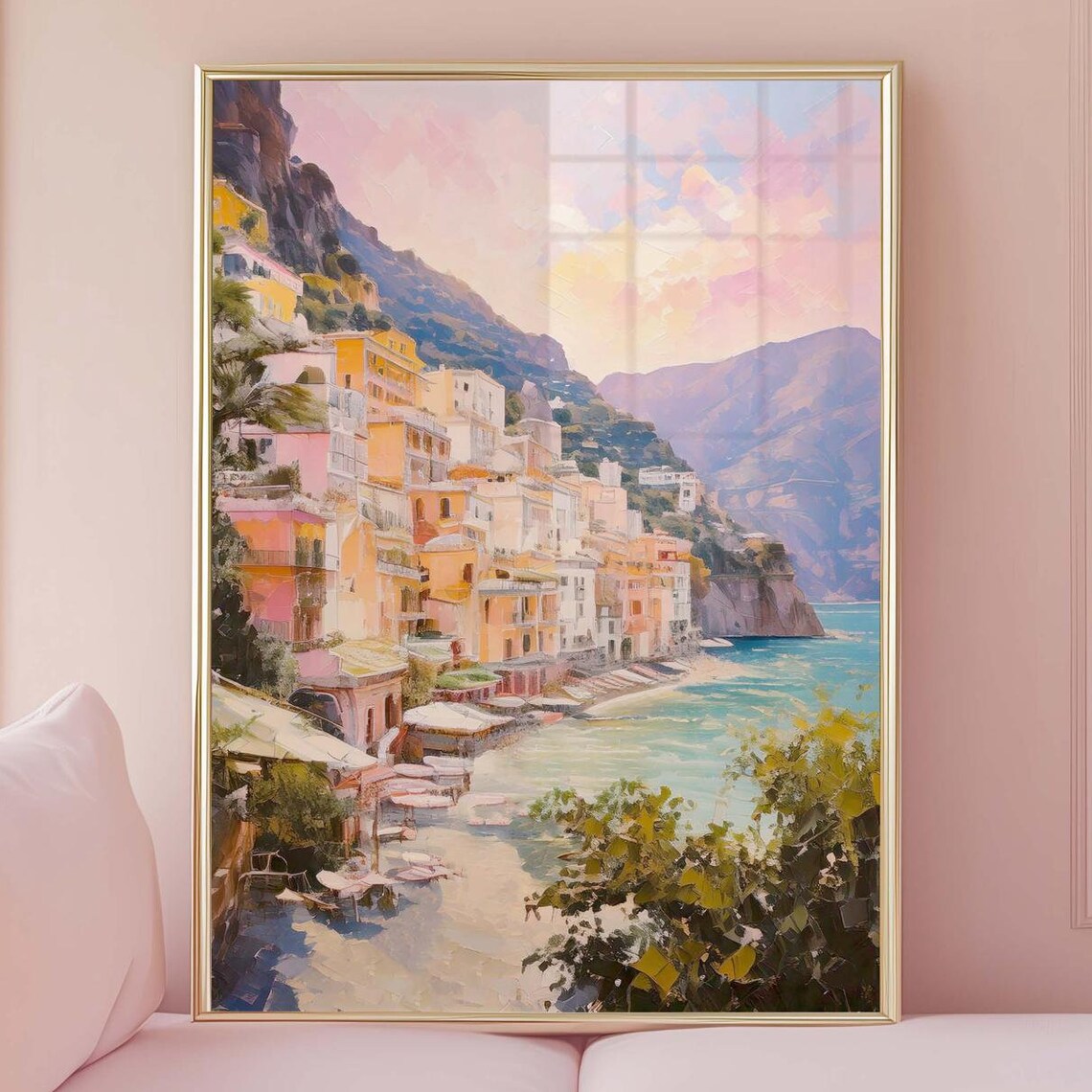 Amalfi Coast Colorful Cliffside Village Sunset Sea Painting Wall Art