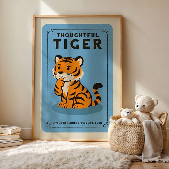 Thoughtful Tiger Jungle Nursery Art Print Whimsical Animal Poster Kids Room Wall Unique Baby Gift
